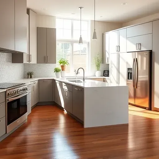 Renovated Temple Hills MD kitchen with matte modern cabinets, quartz island, stainless steel appliances, tile backsplash, hardwood floors and natural light