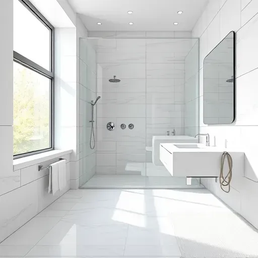 Finished modern bathroom in Hyattsville with white, gray, beige ceramic tiles, glass shower, and minimalist marble vanity