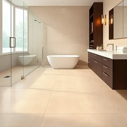 Freshly installed beige ceramic bathroom flooring in Hyattsville MD with textured patterns, polished grout lines, and modern fixtures