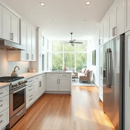 Modern kitchen remodel in Glen Burnie MD features white cabinetry, quartz countertops, stainless appliances, and natural lighting.