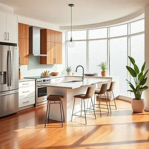 Modern kitchen remodel in Silver Spring with sleek appliances, granite countertops, and warm hardwood flooring.