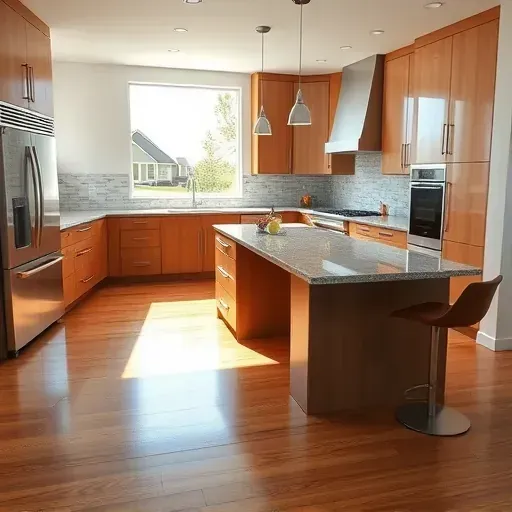 Renovated Rockville Maryland kitchen with granite countertops stainless steel appliances custom wood cabinets and hardwood floors