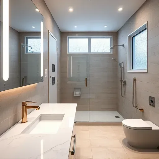 Modern renovated bathroom in Hyattsville MD with LED lighting, marble countertops, glass shower, and contemporary fixtures