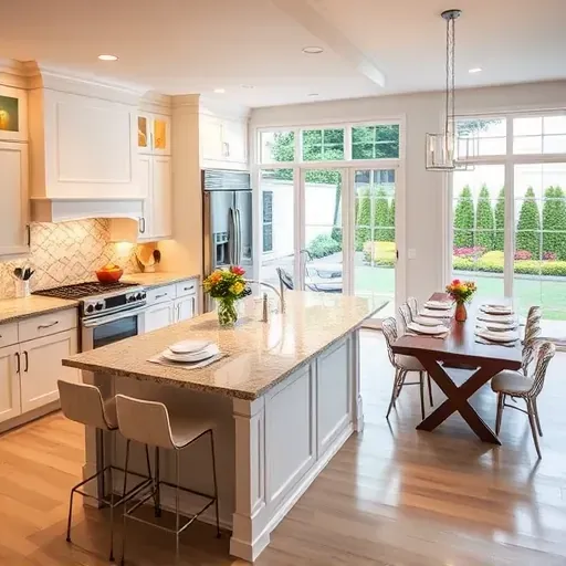 Modern kitchen remodel in Bethesda MD with granite countertops, sleek cabinetry, and sunny dining area, showcasing elegance.