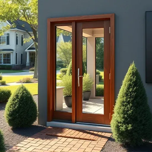 Newly installed sleek modern window and door with polished wood and glass in a landscaped Hyattsville MD neighborhood