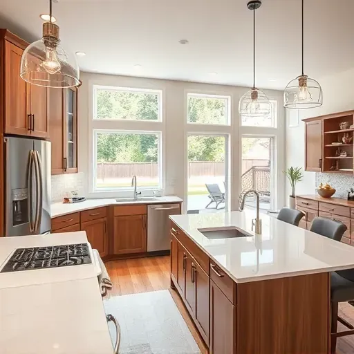 Newly remodeled kitchen in Fairfax VA with quartz countertops, stainless steel appliances, and natural light from large windows.