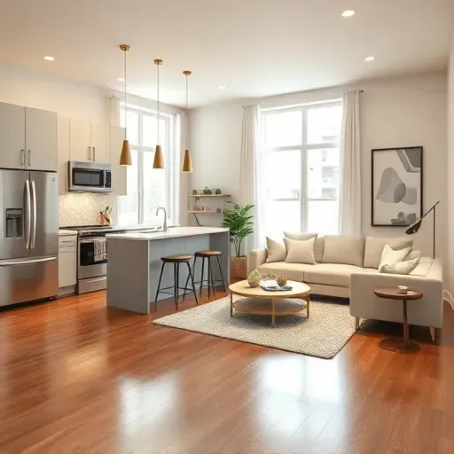 Remodeled living space in Largo MD with open-concept kitchen, cozy decor, modern appliances, and natural light.