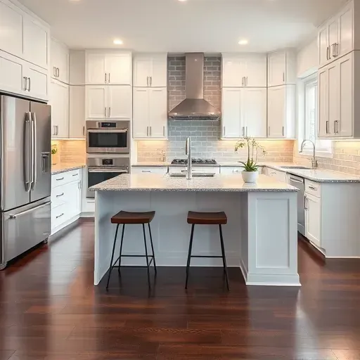 Modern kitchen remodel in College Park MD features sleek white cabinetry, granite island, and elegant gray subway tile.