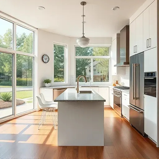 Recently renovated kitchen in Hyattsville MD with modern cabinetry, granite island, stainless appliances, and natural light.