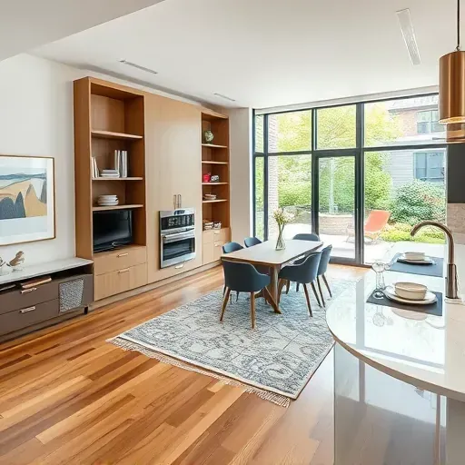 Remodeled Baltimore living space with elegant hardwood floors, modern decor, and large windows showcasing a serene garden.