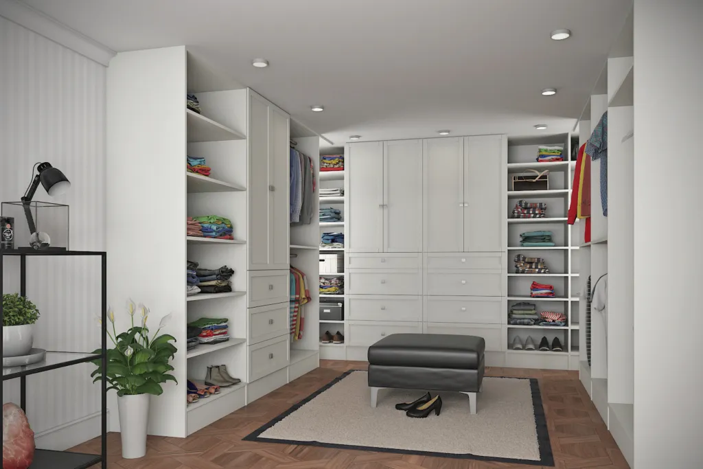 A modern bedroom with wood and a mirrored closet