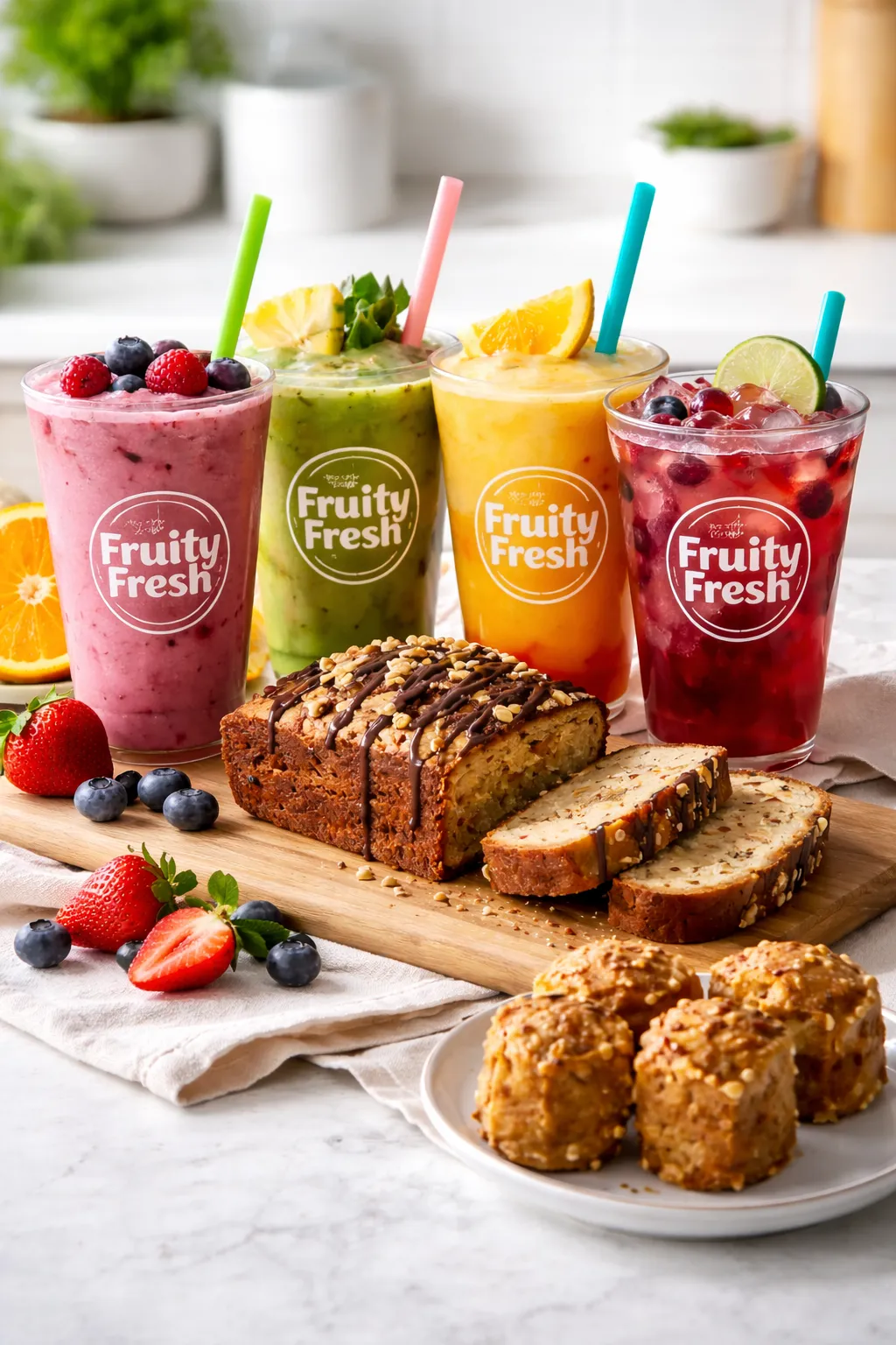 Fruity Fresh lifestyle image with fresh smoothies, refreshers, and banana bread treats