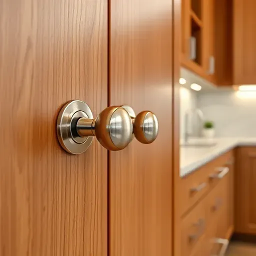 Close-up of polished stainless steel cabinet handles and knobs on high-quality oak kitchen cabinets in a modern Jacksonville home.
