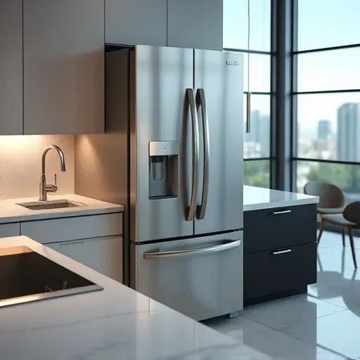 Modern stainless steel refrigerator integrated into a sleek kitchen with marble countertops ambient lighting and Jacksonville North Carolina view