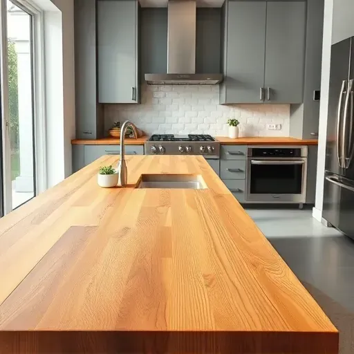 Modern kitchen with warm wooden butcher block countertop, sleek cabinetry, stainless steel appliances, and natural light.