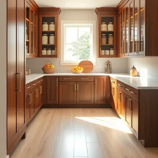 Spacious well-organized pantry with walnut cabinets, glass jars, quartz counters, light hardwood, and natural light in Jacksonville