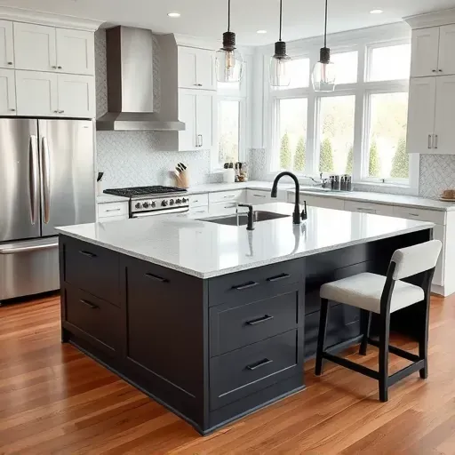 Modern Jacksonville kitchen with sleek granite island, black fixtures, high-end appliances, large windows, hardwood floors