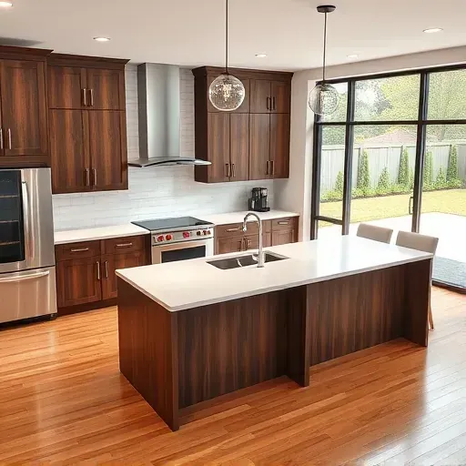 Spacious modern kitchen remodel in Jacksonville NC with quartz countertops, dark wood cabinetry, and natural light.