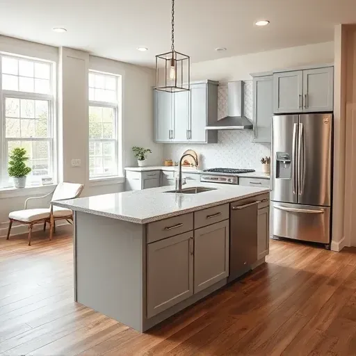 Modern kitchen remodel in Belville NC featuring sleek design, granite island, stainless steel appliances, and natural light.