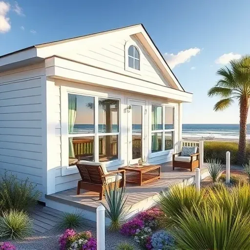 A coastal-style home in Sunset Beach NC featuring white siding, large windows, and a modern porch with vibrant landscaping.