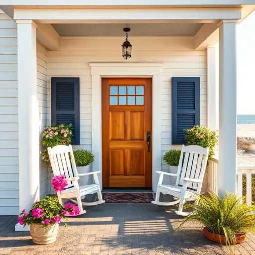 Completed coastal home remodeling in Surf City NC with light colors, navy shutters, lush greenery, and ocean views.