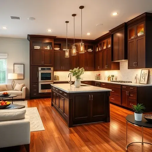 Modern kitchen remodel in Shallotte NC with elegant granite island, dark wood cabinetry, polished hardwood floors.