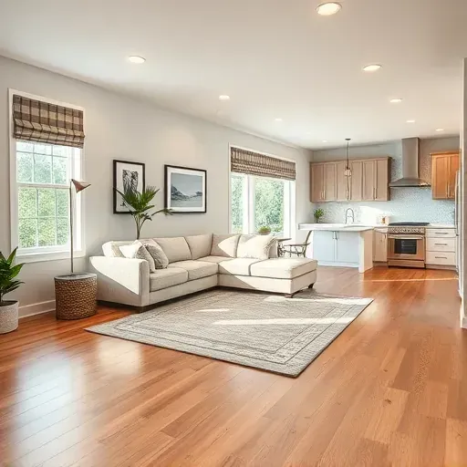 Spacious Swansboro NC living room blends modern and rustic design with hardwood floors, neutral sofa, and natural light.