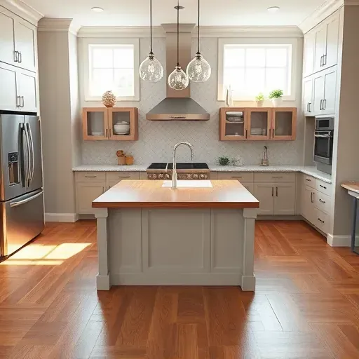 Beautifully remodeled kitchen in Jacksonville NC featuring modern design, granite countertops, and elegant hardwood flooring.