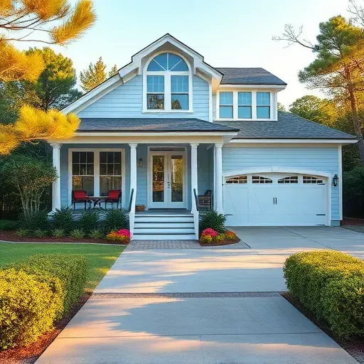 Elegant coastal home in Pine Knoll Shores NC with blue exterior, inviting windows, landscape, and serene atmosphere.