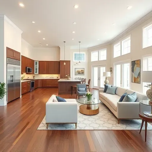 Spacious modern living room and kitchen in Morehead City NC with elegant decor and natural light highlights.
