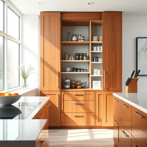 Modern kitchen with sleek wooden pantry cabinets filled with organized essentials and natural light.