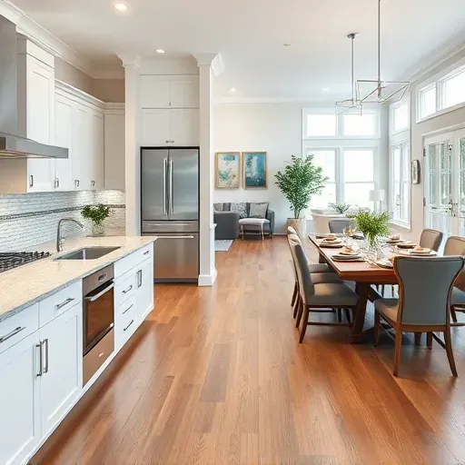 Modern kitchen remodel in Moyock NC with sleek steel appliances, granite counters, custom cabinetry, and elegant dining area.