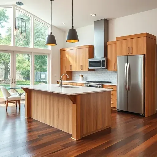 Freshly remodeled kitchen in Jacksonville NC with high-end oak cabinetry, quartz island, and stainless steel appliances.