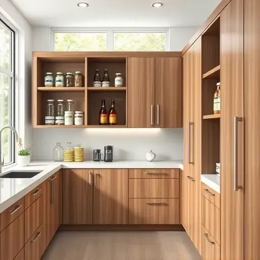 Beautifully installed modern wooden pantry cabinets in a bright, organized kitchen with labeled jars and fresh decor