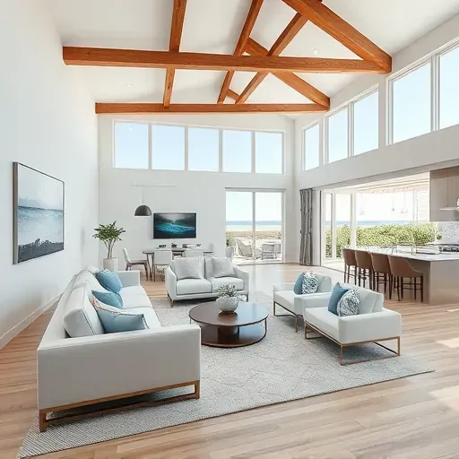 Completed home remodel in Kure Beach, NC, featuring a spacious coastal living room with natural light and modern design.
