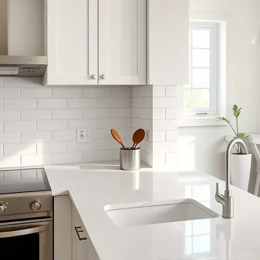 Pristine white subway tile backsplash in a Jacksonville NC kitchen with gray grout, stainless appliances, granite counters and natural light
