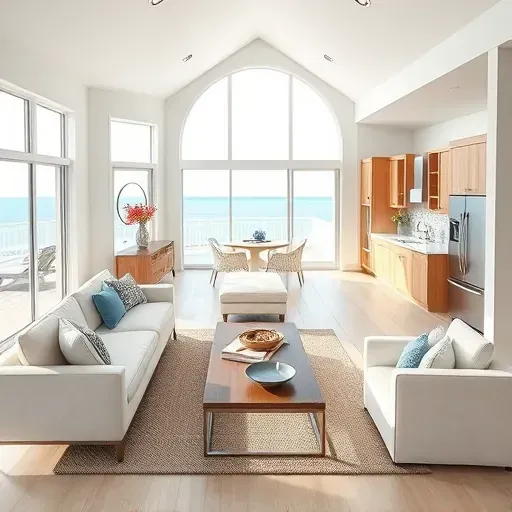 Coastal-inspired interior remodel in Atlantic Beach NC features spacious living room with modern design and ocean view.