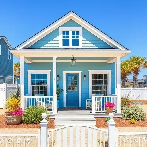 Coastal-inspired remodeled home in Corolla NC with soft blue exterior, inviting porch, and vibrant flowers.