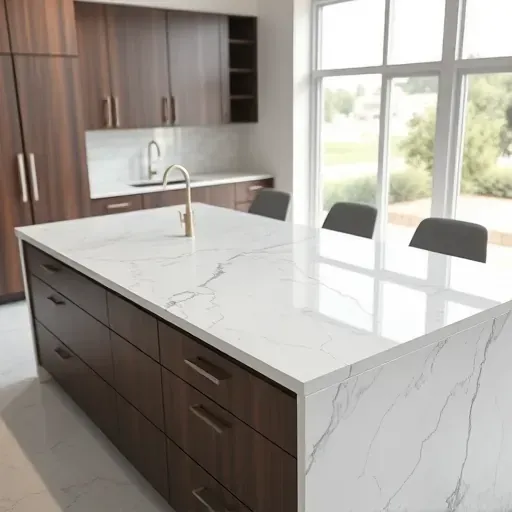 Marble kitchen island with white gray veined surface, dark wood cabinets, natural light, modern backsplash in Jacksonville NC