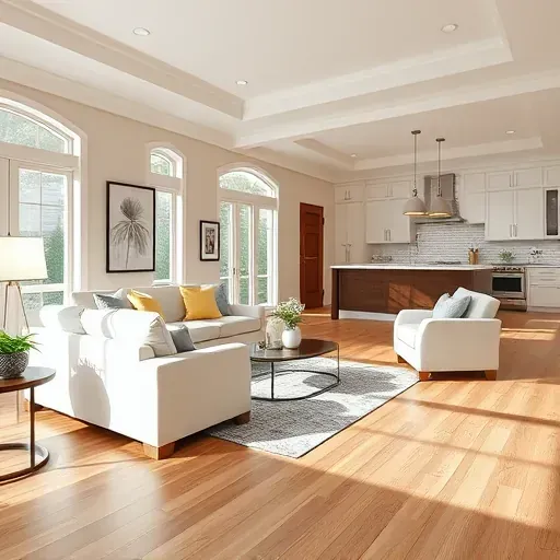 Spacious living room and modern kitchen in Trent Woods NC, showcasing elegant design and attention to detail.