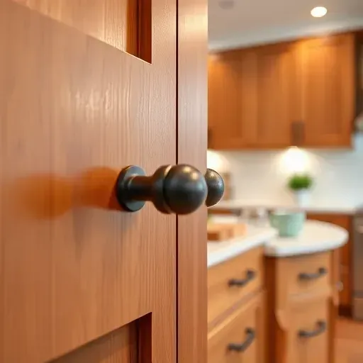 Close-up of modern brushed nickel cabinet handles and knobs on finished wooden cabinets in a well-lit contemporary kitchen