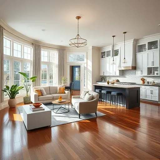 Remodeled living room in Southport NC with hardwood floors, modern lighting, and a chic open-plan kitchen.