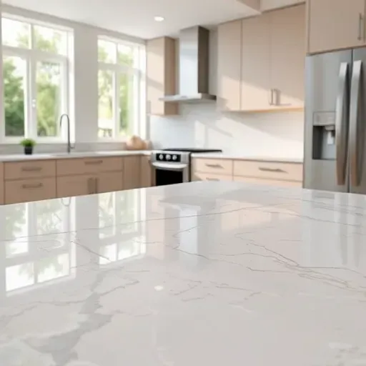Flawlessly installed quartz kitchen countertop with intricate veining and a polished reflective surface in a modern neutral-toned kitchen