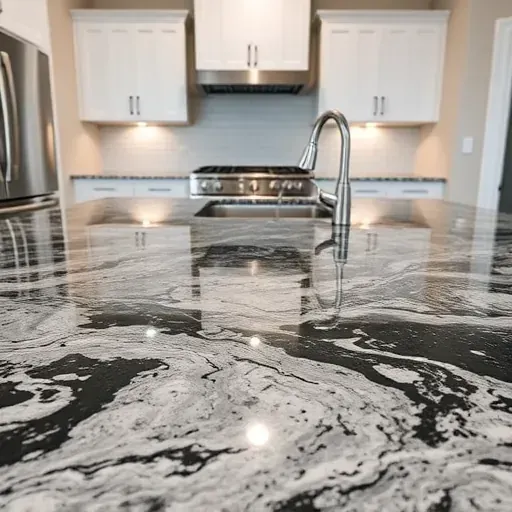 Freshly installed black, gray, and white granite countertop in modern Jacksonville NC kitchen with polished finish