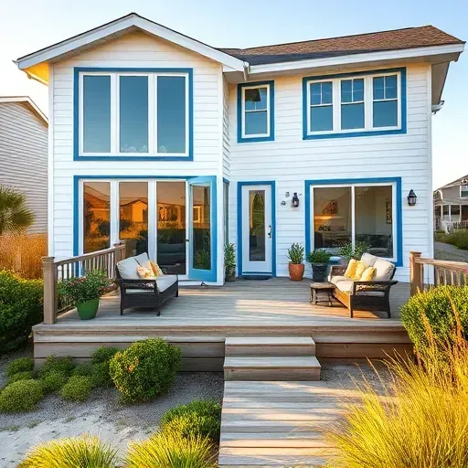 Beautifully remodeled coastal home in Sunset Beach NC with white siding, blue accents, and inviting outdoor spaces.