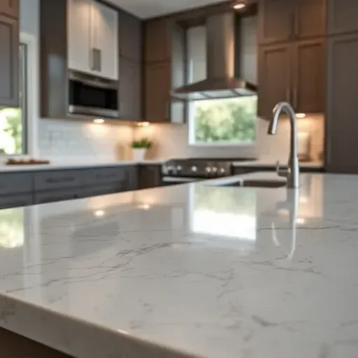 Newly installed polished natural stone kitchen countertop in a modern Jacksonville NC kitchen with elegant cabinetry and stainless appliances