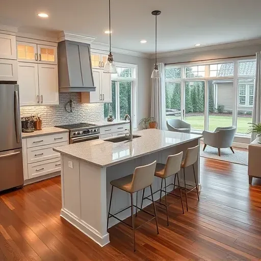Home remodeling in Moyock NC with a renovated kitchen featuring gray quartz countertops and modern cabinetry, inviting ambiance.
