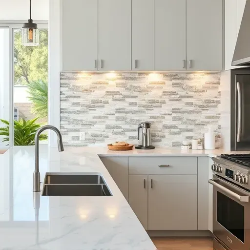Completed modern kitchen backsplash with mosaic tiles, sleek cabinetry, stainless steel appliances, and coastal outdoor view