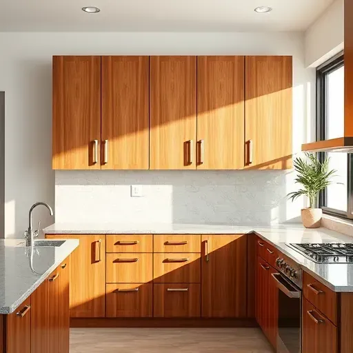 Modern kitchen with rich wood RTA cabinets featuring natural grain, sleek hardware, polished countertops, and soft natural lighting