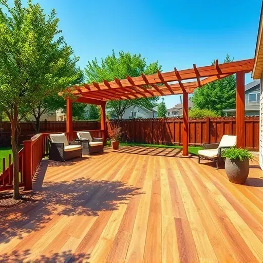 Newly installed wooden deck in Jacksonville NC with built-in seating pergola lush backyard landscaping and greenery